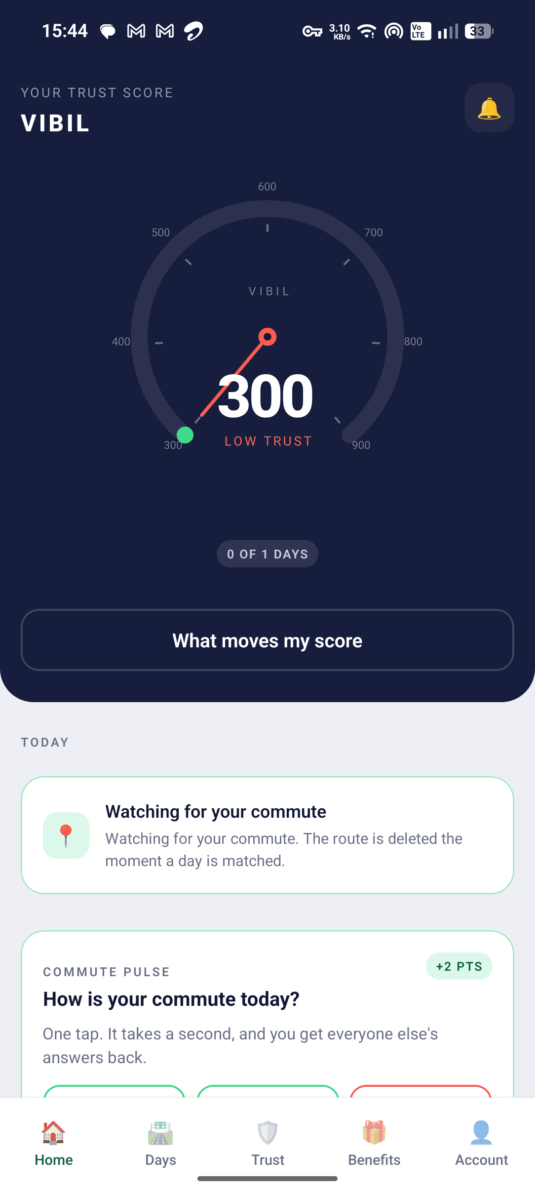 VIBIL app — trust score screen